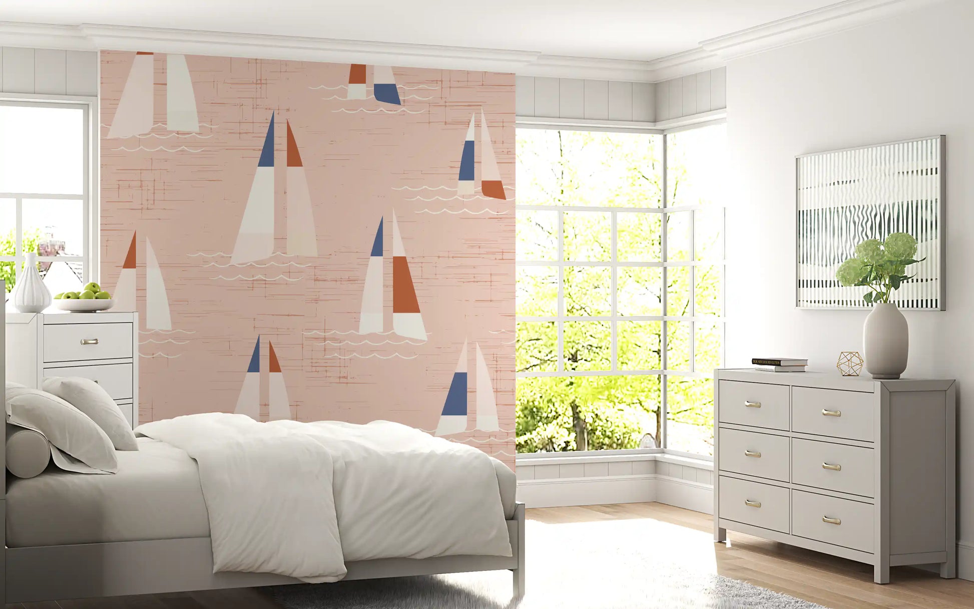 Scattered sailboats and peach skies set a Bedroom mood on this Coastal wall mural.