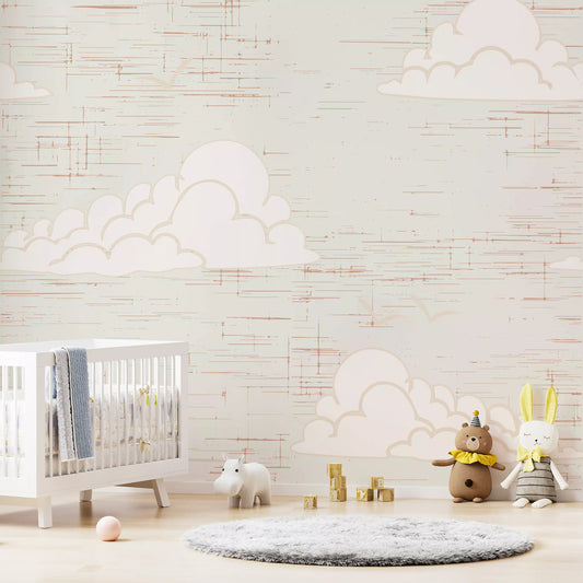 Pale clouds rest above a nursery space with the Mid Century Cloud Cream wall mural.
