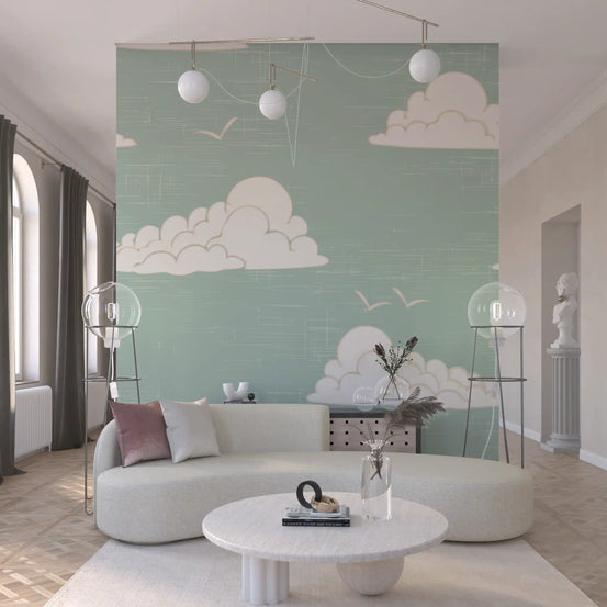 Cream puff shapes warm a living room paired with Mid Century Cloud Sky wall mural.