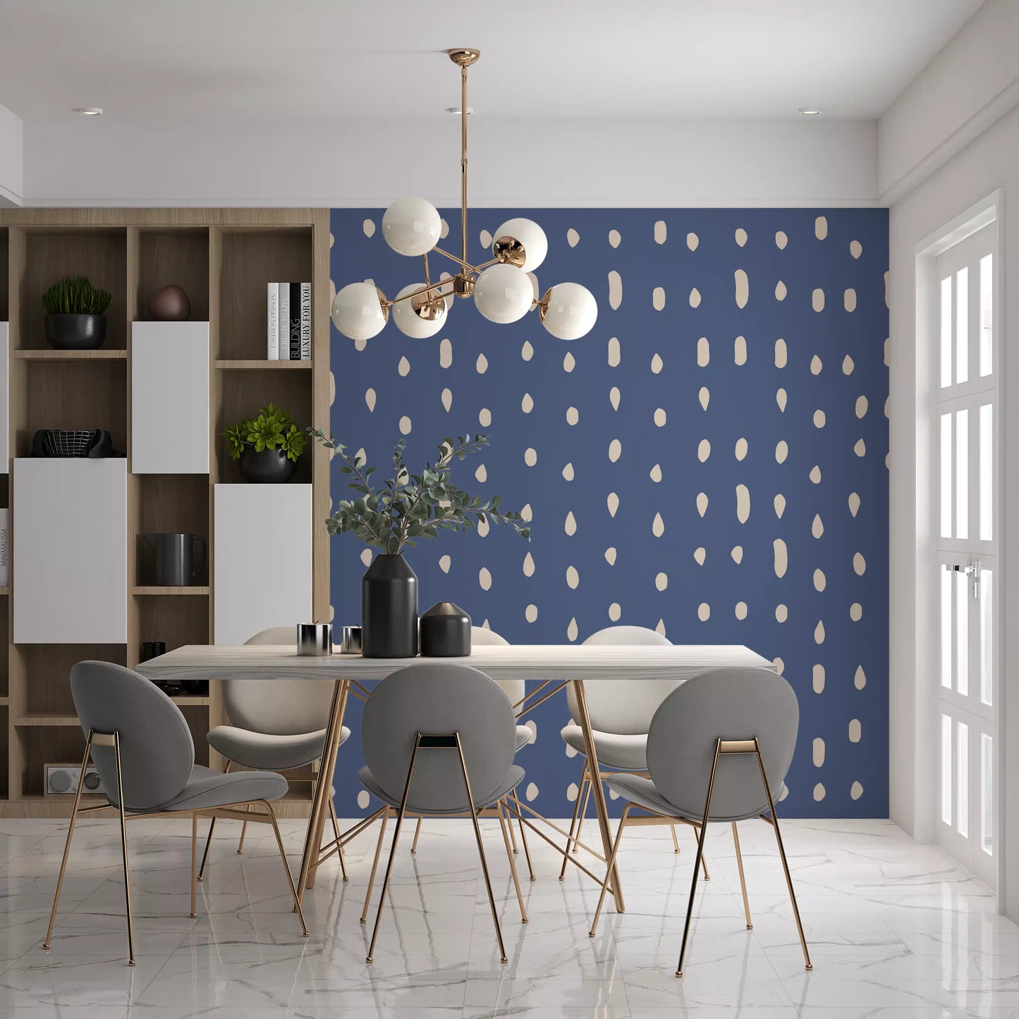 Mid Century Seed Dots wall mural with cream and ivory drops on dusty blue.