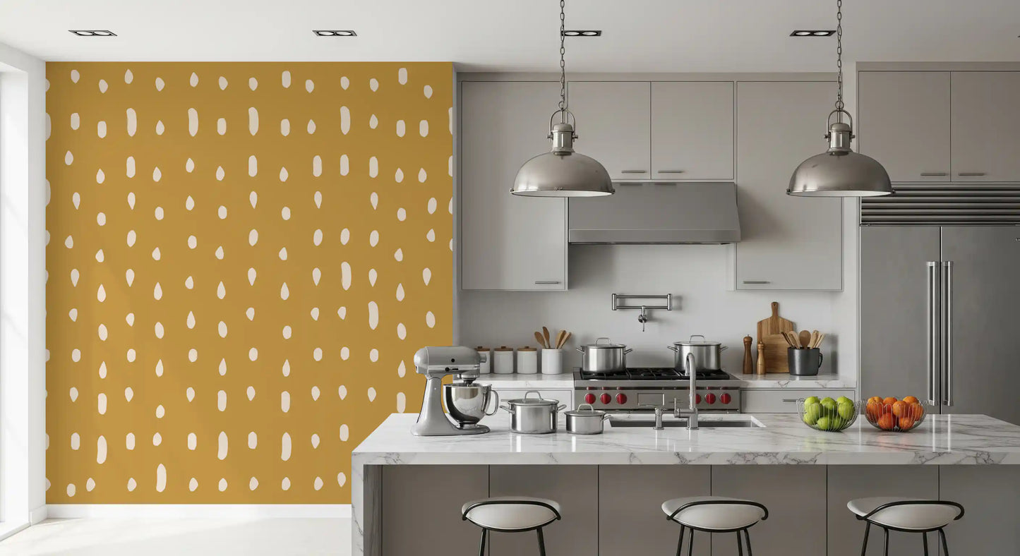 Each cream mark sits in a vertical line across the Mid Century Seed Dots wall mural.