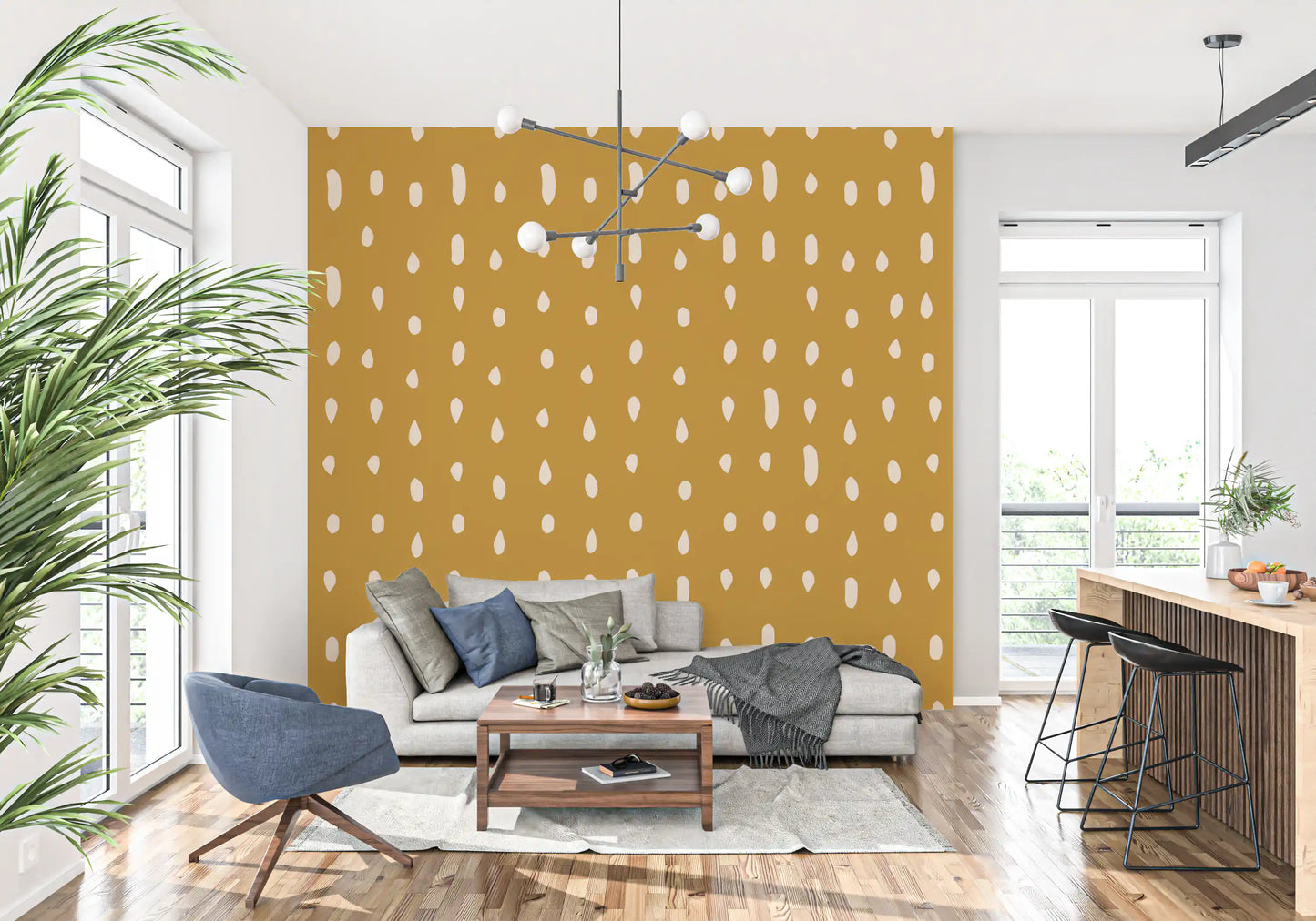 Ochre depth grounds cream teardrop marks across the Mid Century Seed Dots wall mural.
