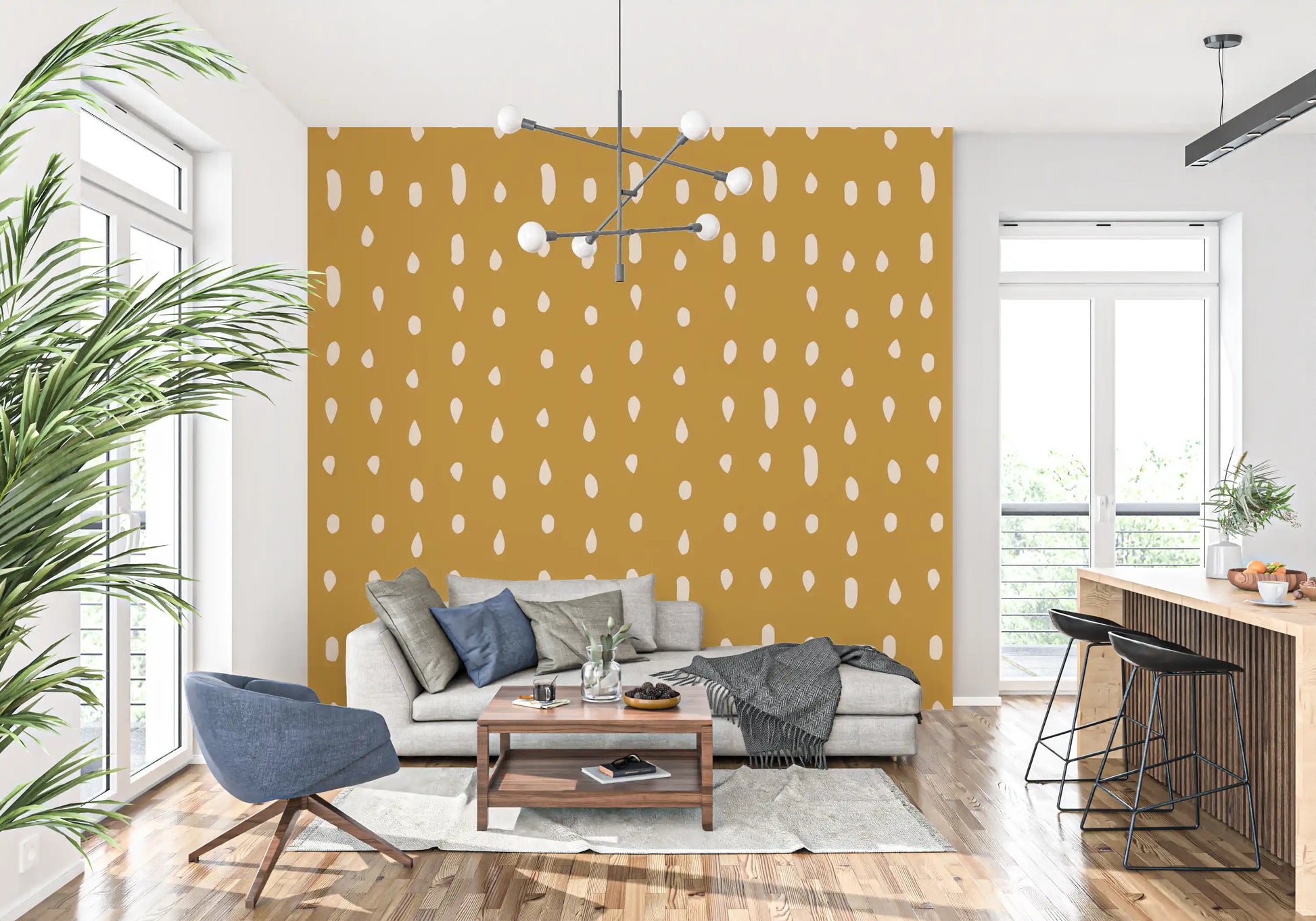Ochre depth grounds cream teardrop marks across the Mid Century Seed Dots wall mural.