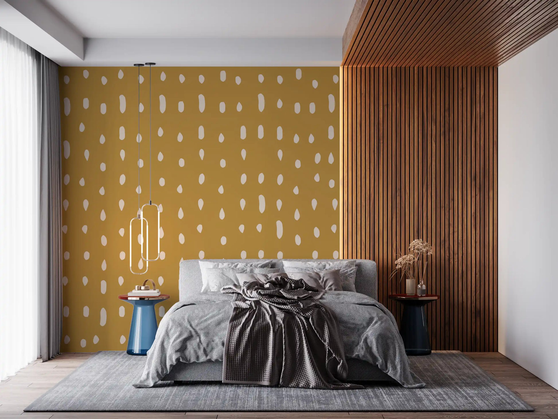 Brush-loose marks give the Seed Dots wall mural an unstudied, earthy feel.