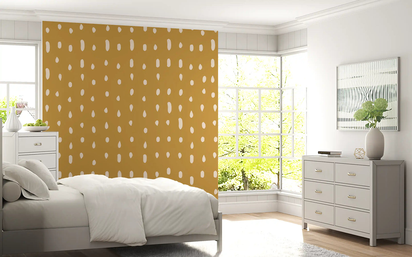 Ivory dashes on the Mid Century Seed Dots wall mural give a bedroom earthy retro feel.