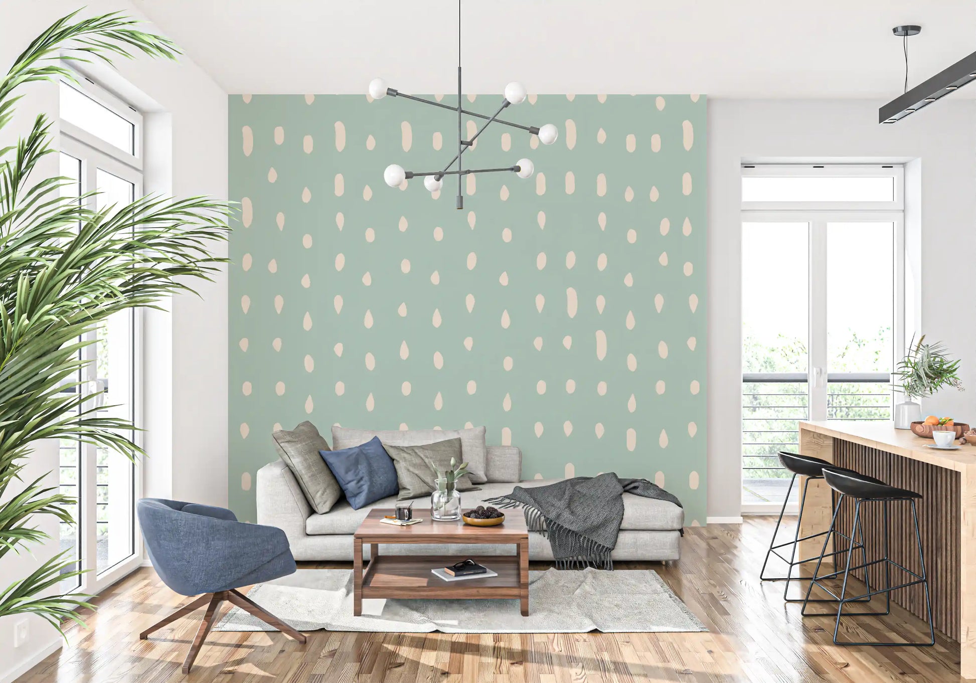 Repeating drops appear on a Mid Century wall mural in a living room