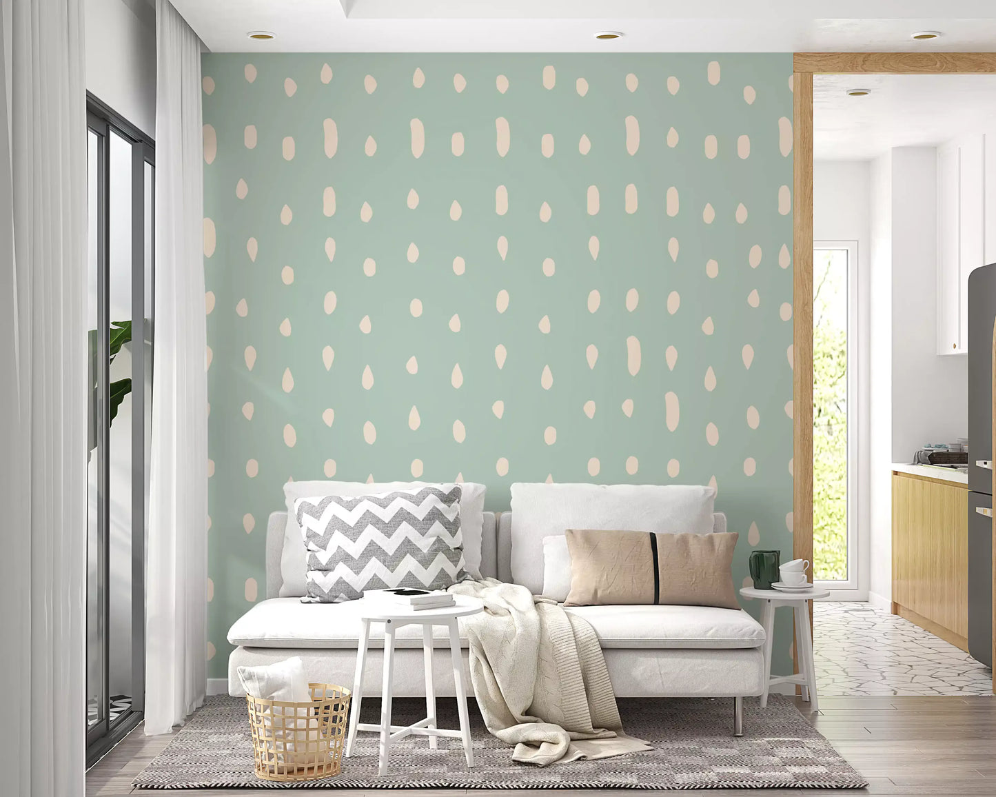 Woven-look sage backdrop with repeating cream dot wall mural pattern