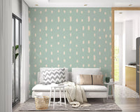 Woven-look sage backdrop with repeating cream dot wall mural pattern