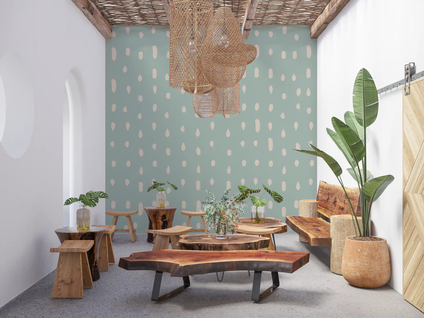 Ivory specks and oval drops fill a Mid Century Seed Dots wall mural surface