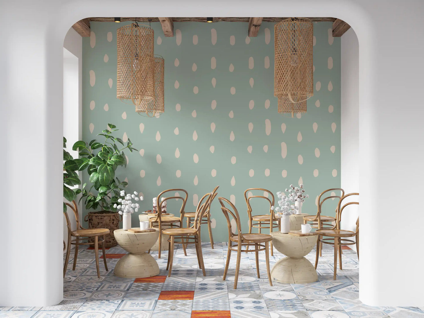Cream droplets cover a Seed Dots wall mural in a dining room