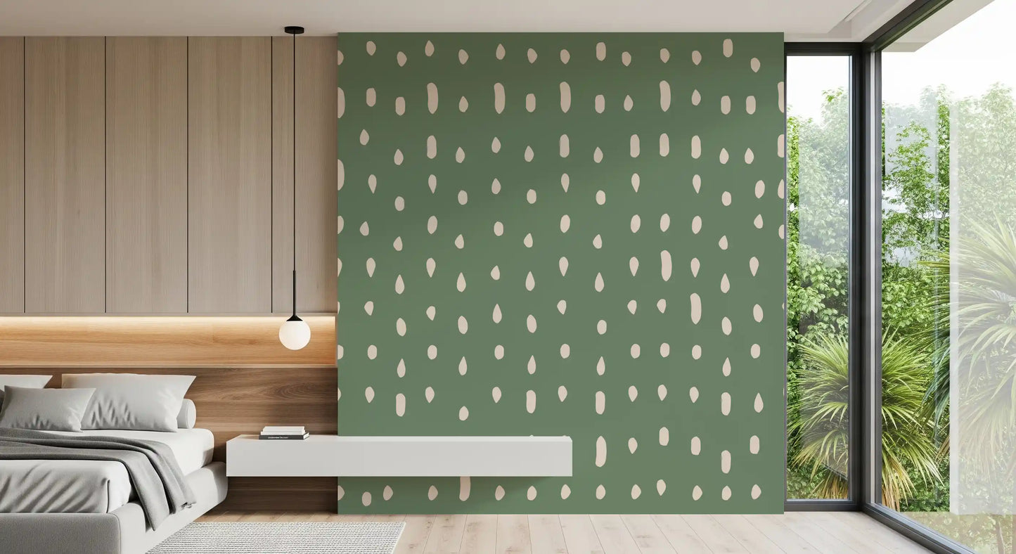 Ivory drops sprinkle sage green tones over the bedroom Mid Century Seed Dots wall mural.