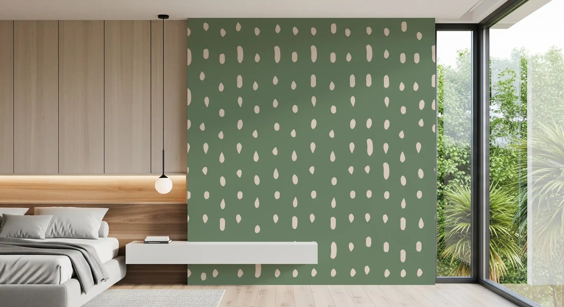 Ivory drops sprinkle sage green tones over the bedroom Mid Century Seed Dots wall mural.