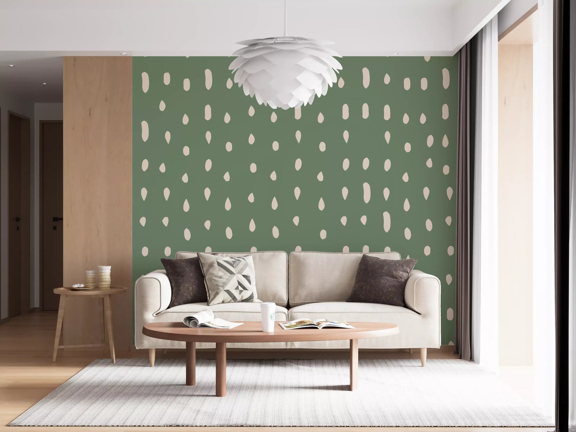 Warm cream against muted sage gives the Mid Century Seed Dots wall mural a quiet pulse.