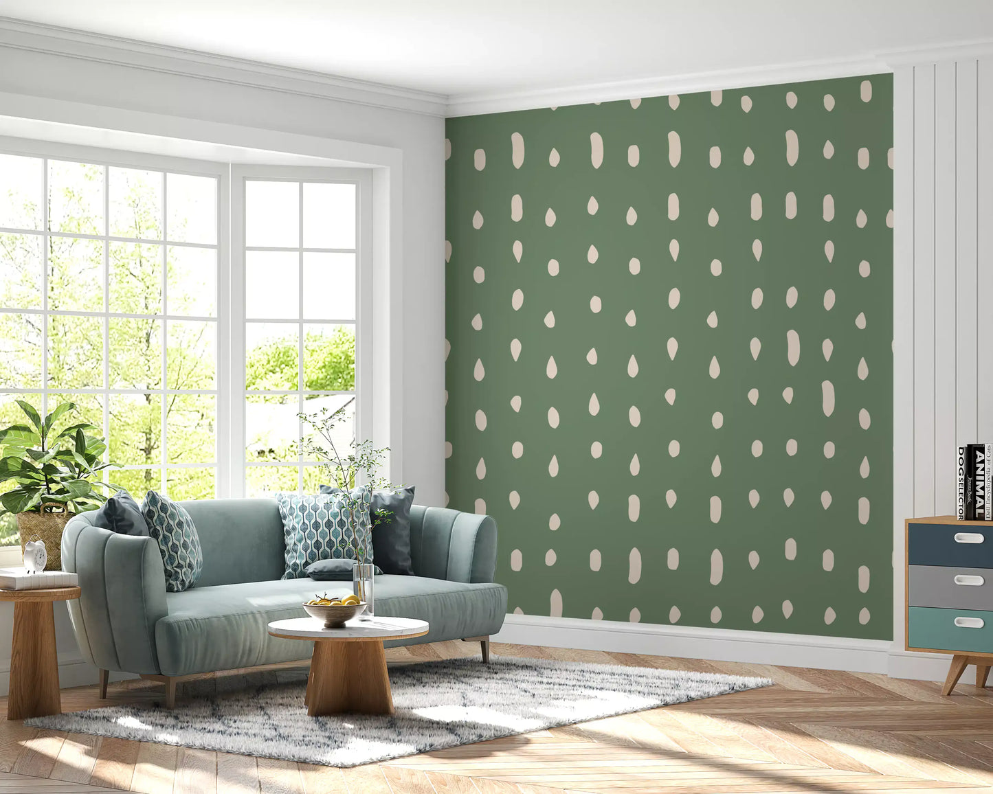 Mid Century Seed Dots wall mural styles a hallway with sage green and cream drops.
