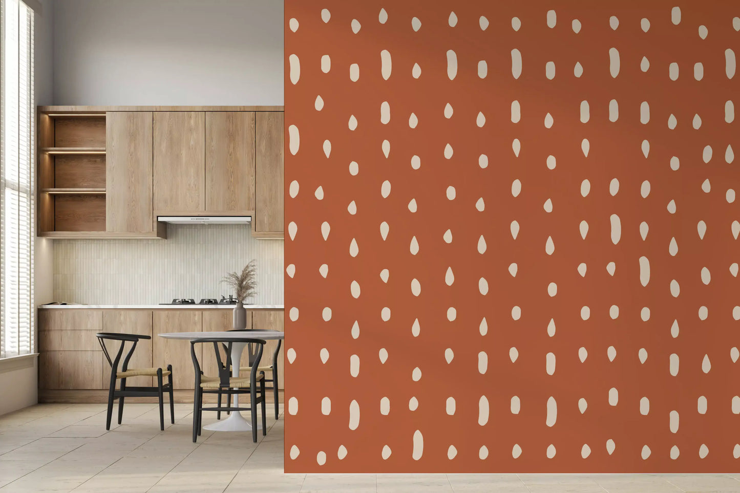 A dining room takes on creamy tones via the Mid Century Seed Dots wall mural.