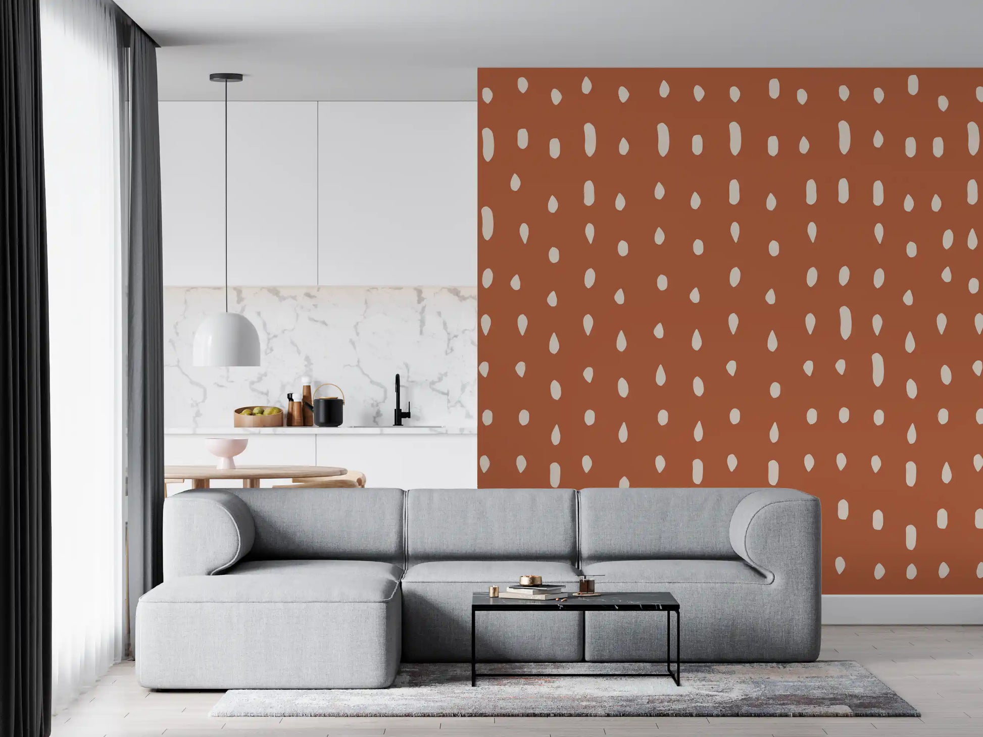 Mid Century Seed Dots wall mural showing cream ovals over warm terracotta.