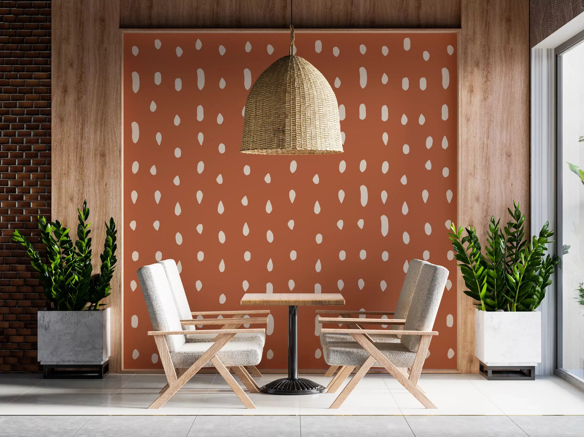 Pattern stretches floor to ceiling in a hallway via the Seed Dots wall mural.