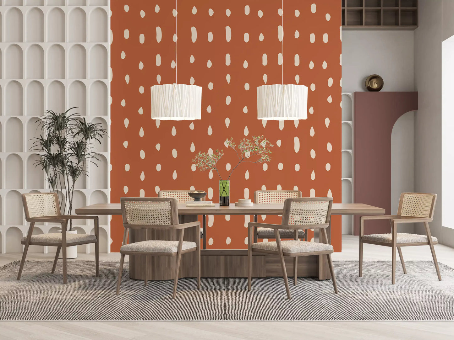 Loose vertical lines of ivory droplets form the Seed Dots Terracotta wall mural.