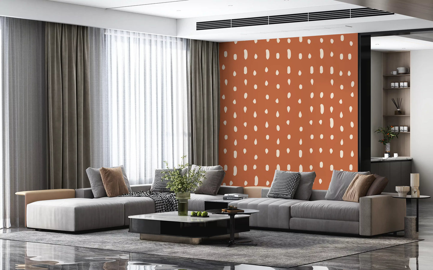 Retro warmth fills a lounge where the Mid Century wall mural becomes the focal point.