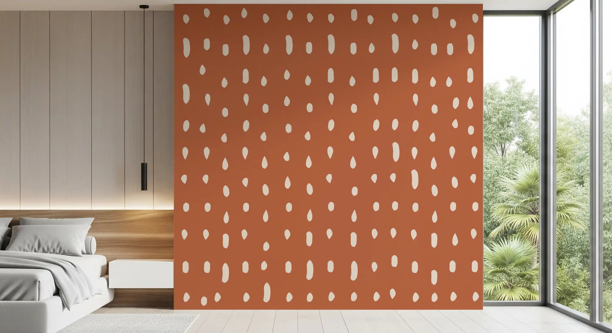 Cream droplets dot a calm bedroom backdrop, the Seed Dots wall mural in full.
