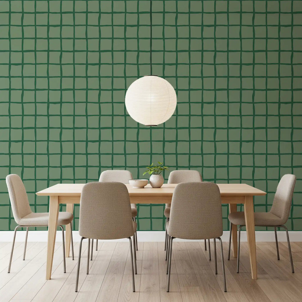 With Mid Century Wavy Grid wallpaper, a dining room reads as a relaxed checked scheme