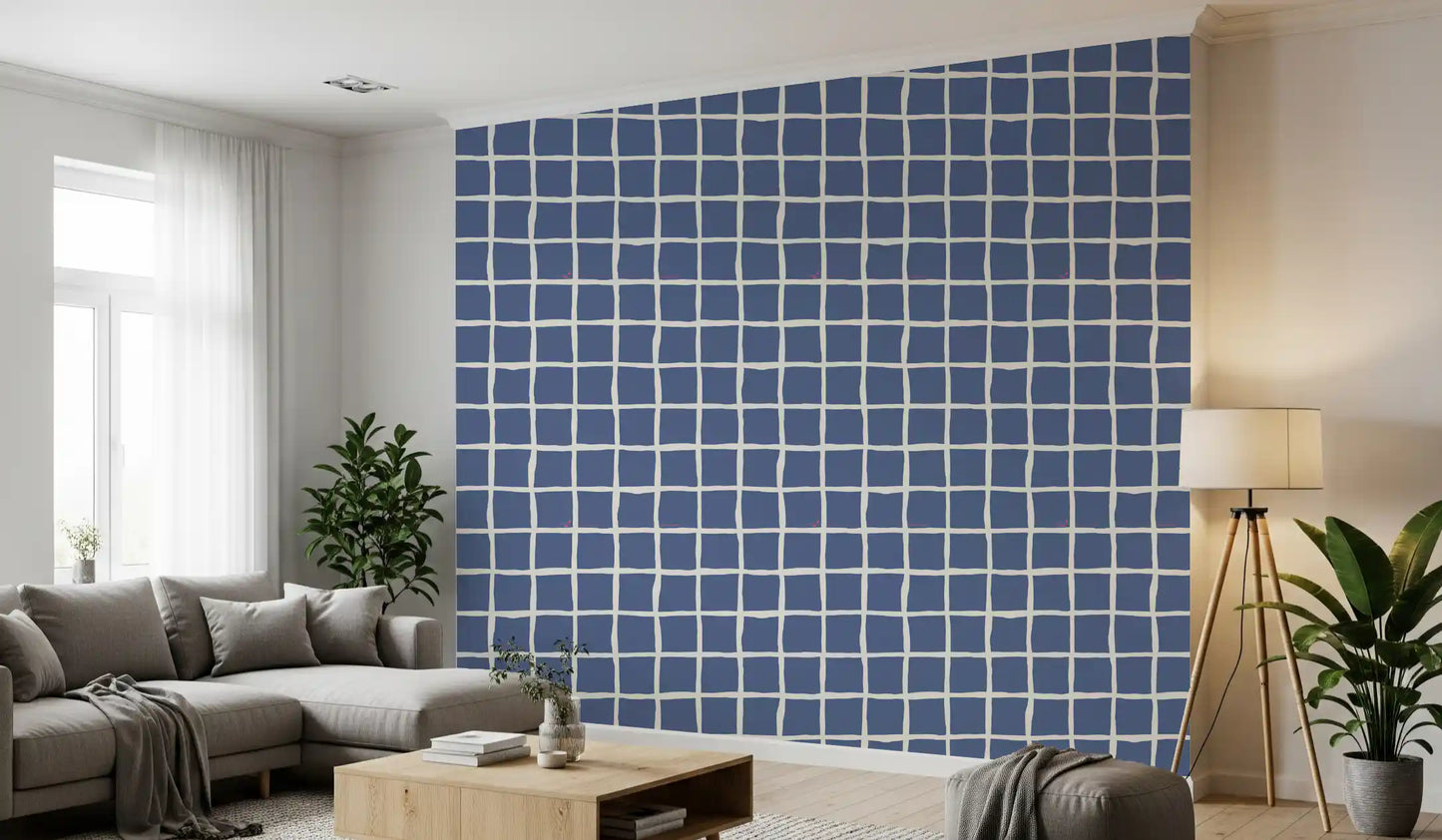 A retro mood lifts the Mid Century Wavy Grid wallpaper with uneven blue squares.