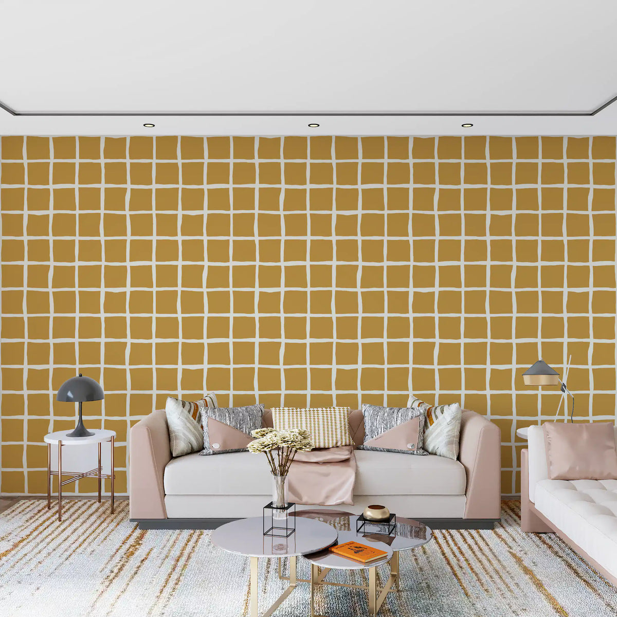 Mustard Grid Wavy Square Wallpaper in Mid Century Mustard Grid Pattern