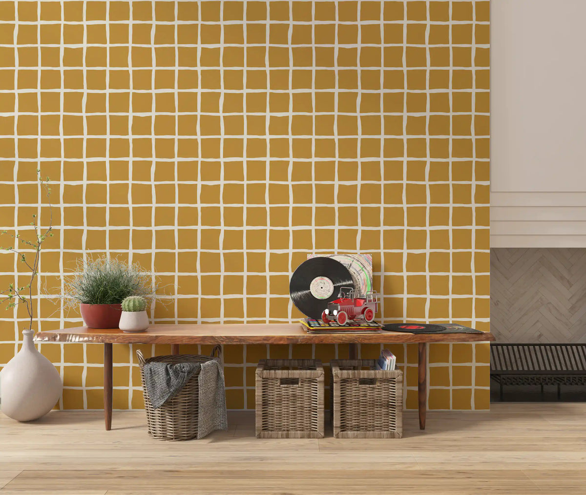 Mustard Grid Wavy Square Wallpaper in Mid Century Mustard Grid Pattern