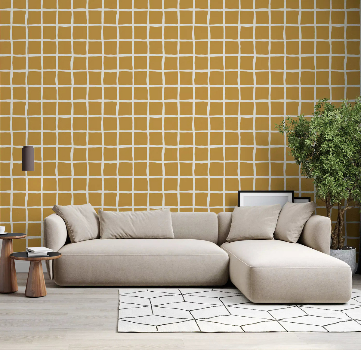 Mustard Grid Wavy Square Wallpaper in Mid Century Mustard Grid Pattern
