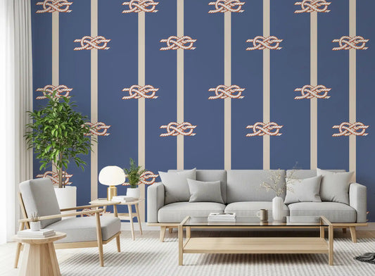 Nautical Rope Stripe wallpaper paces a Living area in cream, rust, and dusty blue.