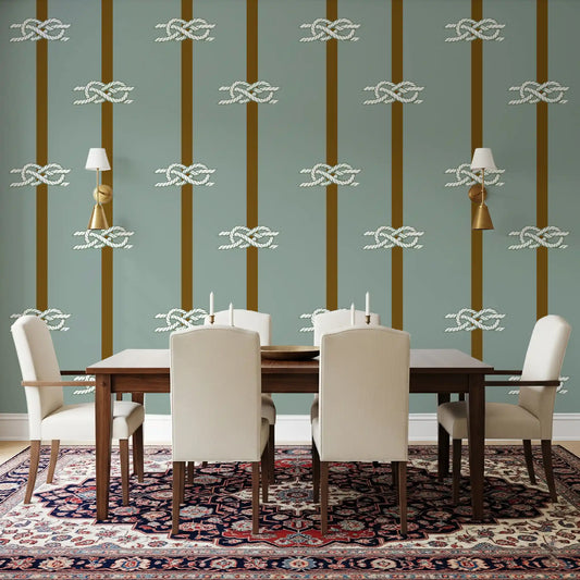 Nautical Rope Stripe wallpaper sets a coastal mood in the dining room.