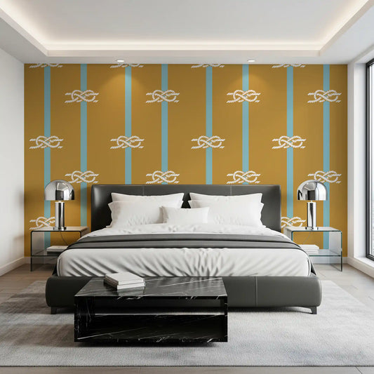 Reef knots and aqua bands cut through nautical rope stripe wallpaper inside a bedroom.
