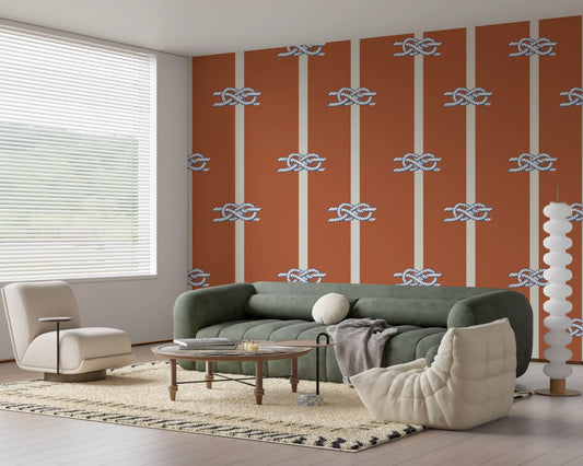 Nautical Rope Stripe wallpaper layers cream bands and knot motifs across a Living room.