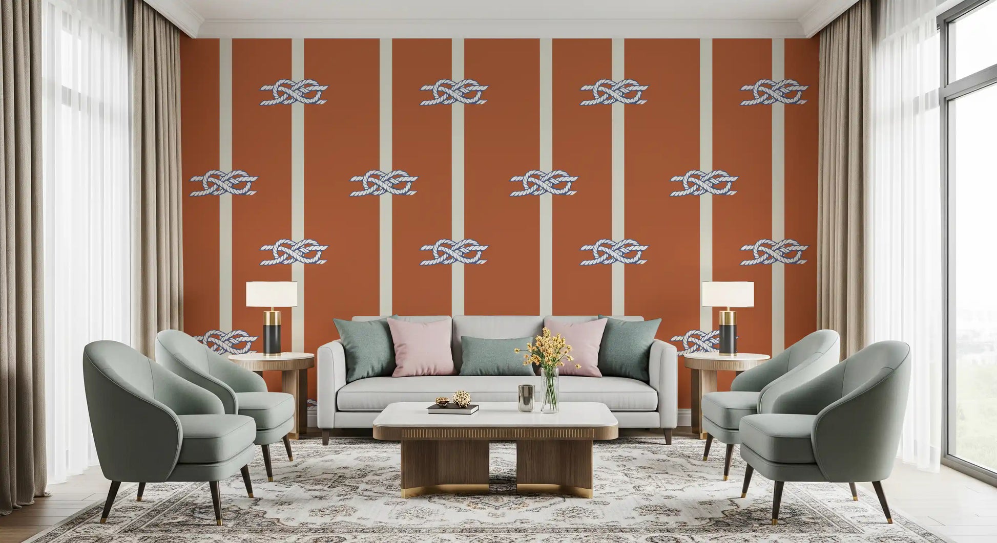 Maritime knot pattern in white sits between cream stripes on this Terracotta wallpaper.