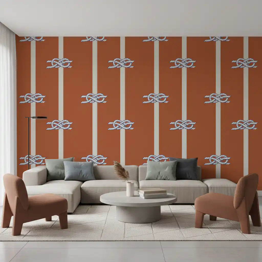 Terracotta ground holds cream verticals and white knots in Nautical Rope wallpaper.