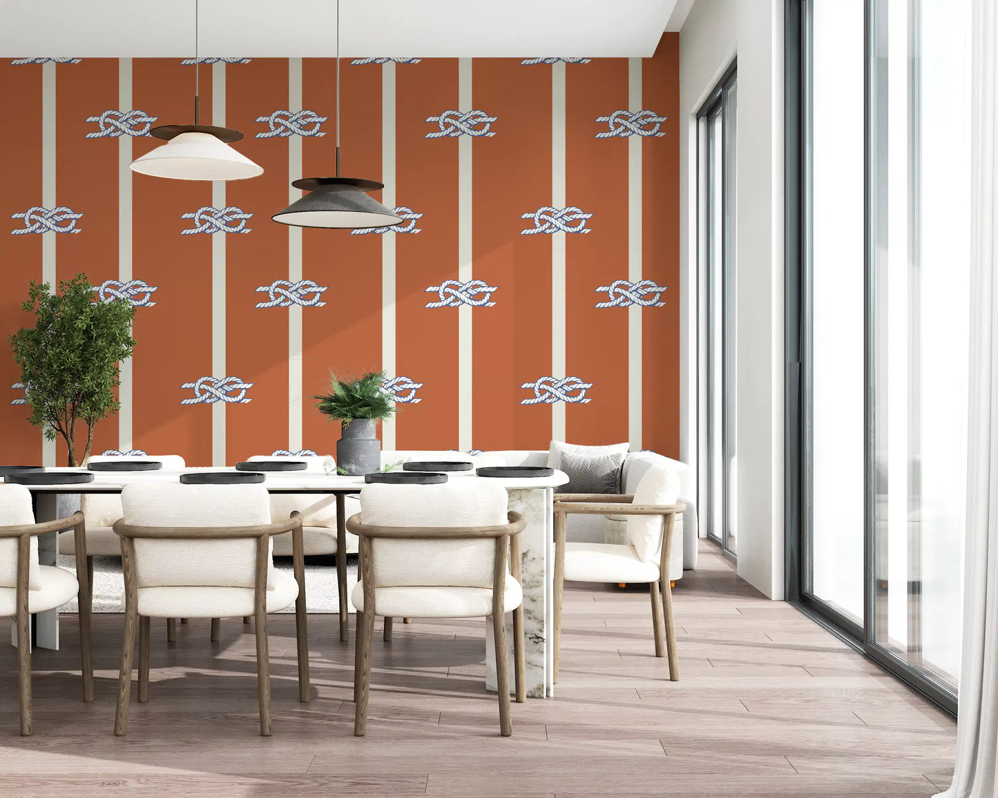 Warm terracotta plays against cream stripes on Rope Stripe wallpaper in a Dining room.