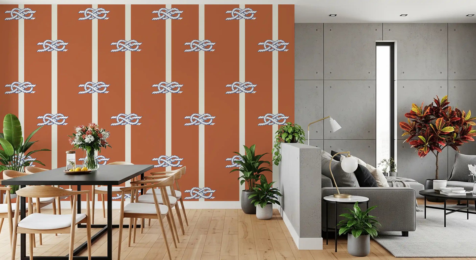 Pairs of white knots dot a Living and dining area in Nautical Rope Stripe wallpaper.