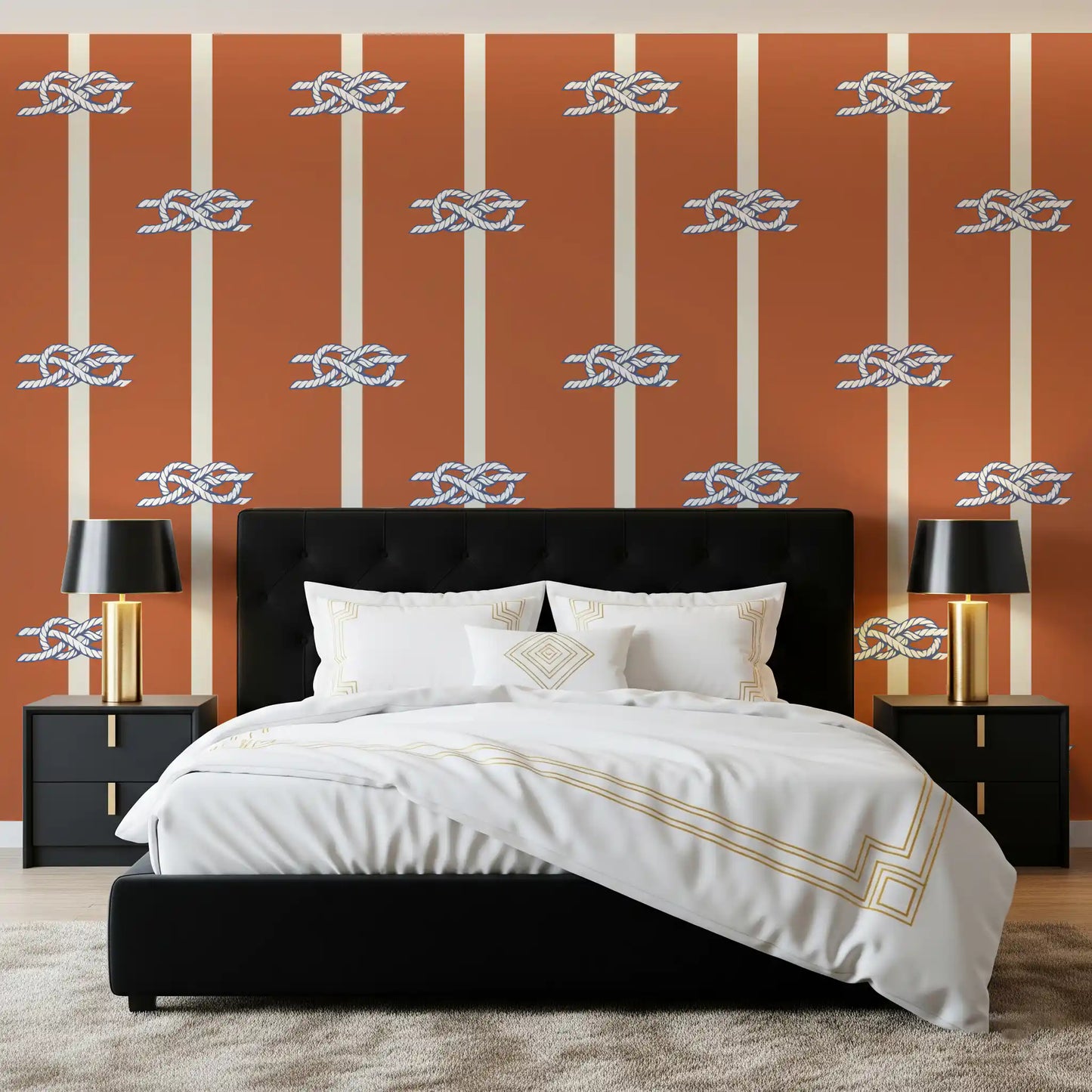 A Bedroom gains warm coastal character through Nautical Rope Stripe wallpaper.