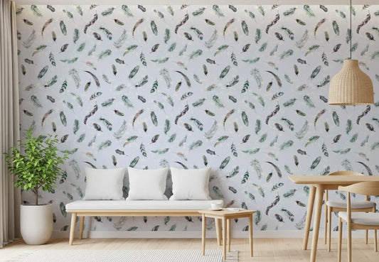 Pale blue tones rest within a Dining room behind ethereal feather dance wallpaper.