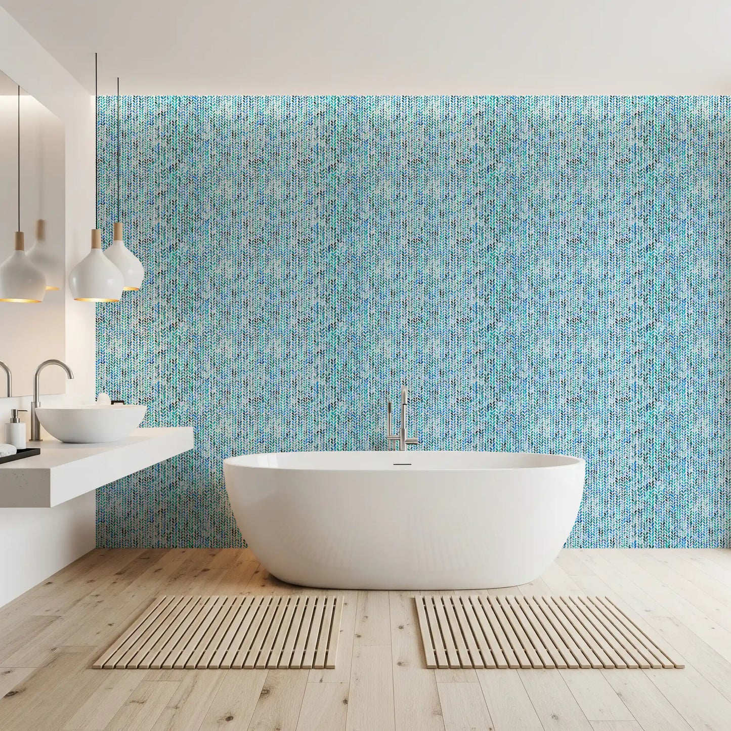 Cool aqua and teal watercolor leaves stitched into the Aqua Knit Cascade Wallpaper