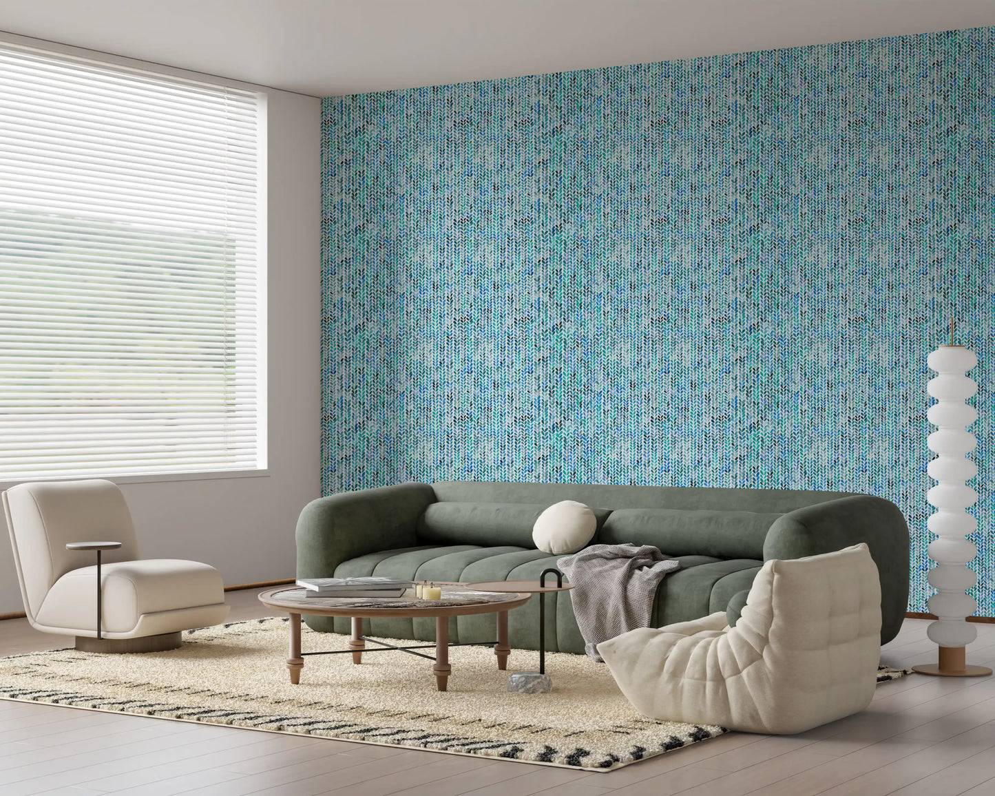 Calm bathroom finished in the Aqua Knit Cascade Wallpaper for a coastal mood