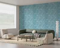 Calm bathroom finished in the Aqua Knit Cascade Wallpaper for a coastal mood