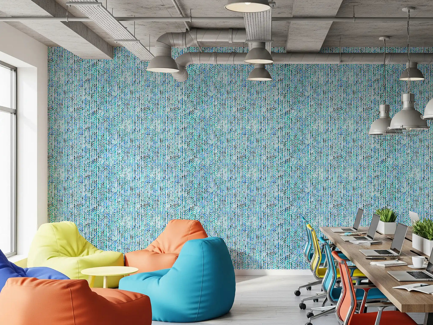 Stitched cool blue cascades patterning a Office area with the watercolor knit wallpaper