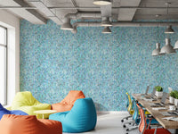 Stitched cool blue cascades patterning a Office area with the watercolor knit wallpaper