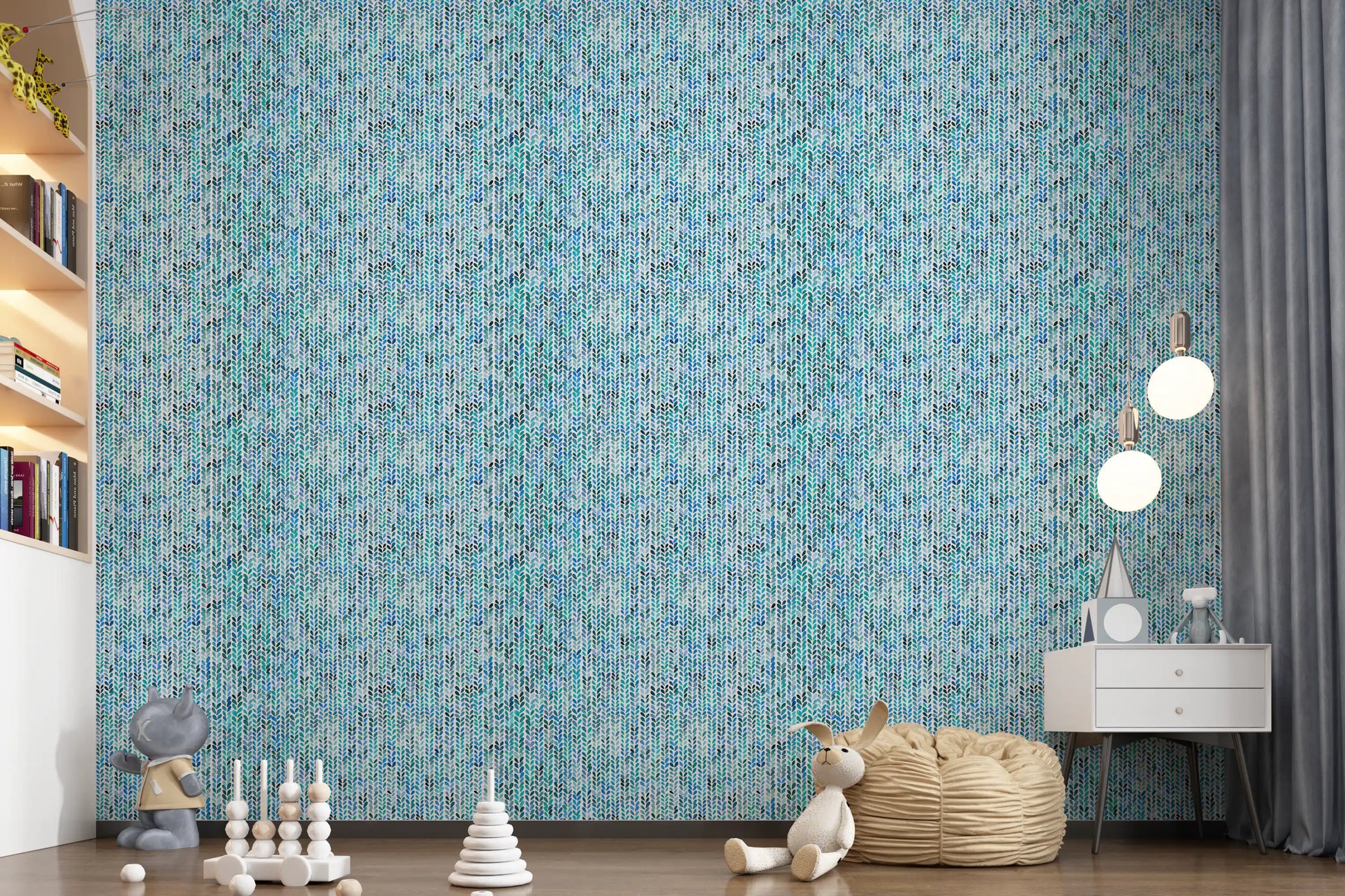 Nursery area  paired with the aqua knit cascade wallpaper from floor to ceiling