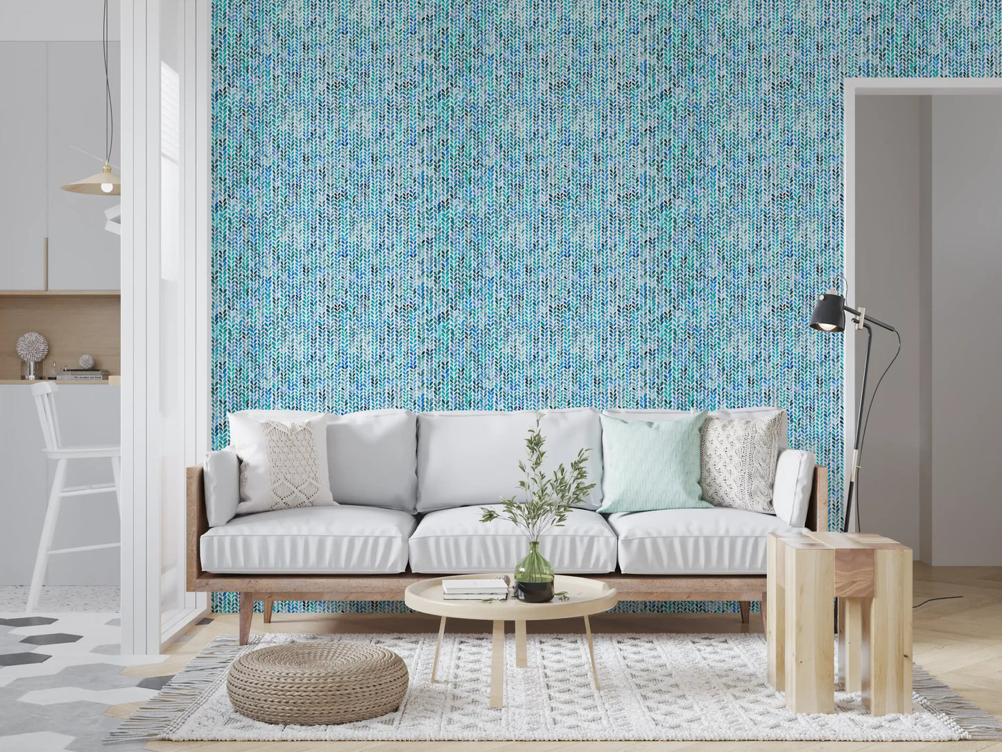 Painted strokes layered into vertical braids on the Aqua Knit Cascade Wallpaper