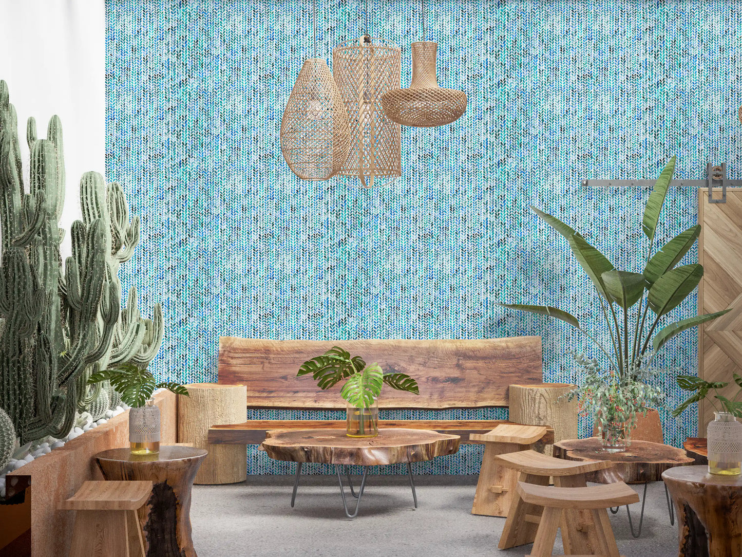 Tiny stitched leaves climbing in cool aqua and teal across this knit cascade wallpaper