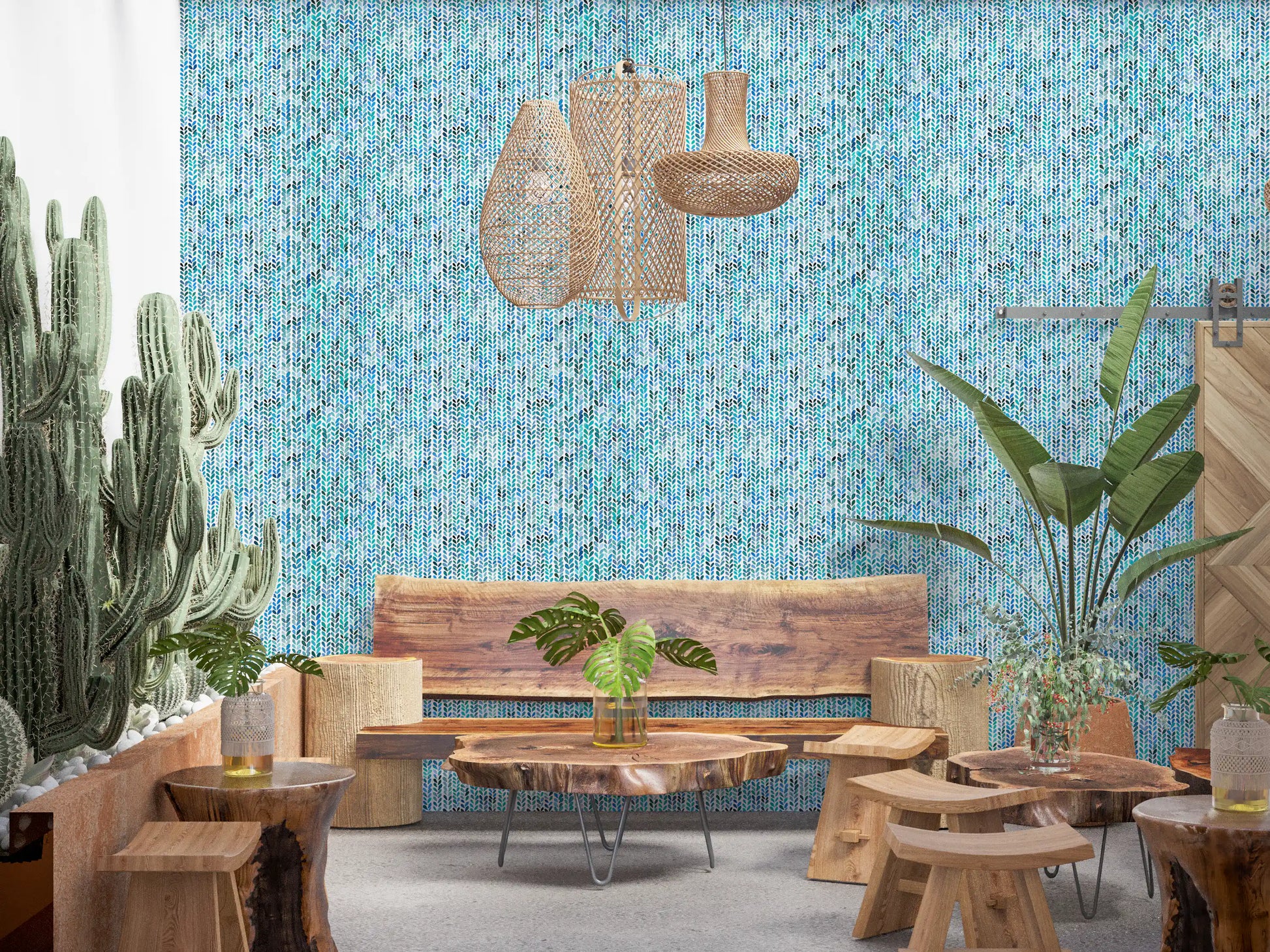 Tiny stitched leaves climbing in cool aqua and teal across this knit cascade wallpaper