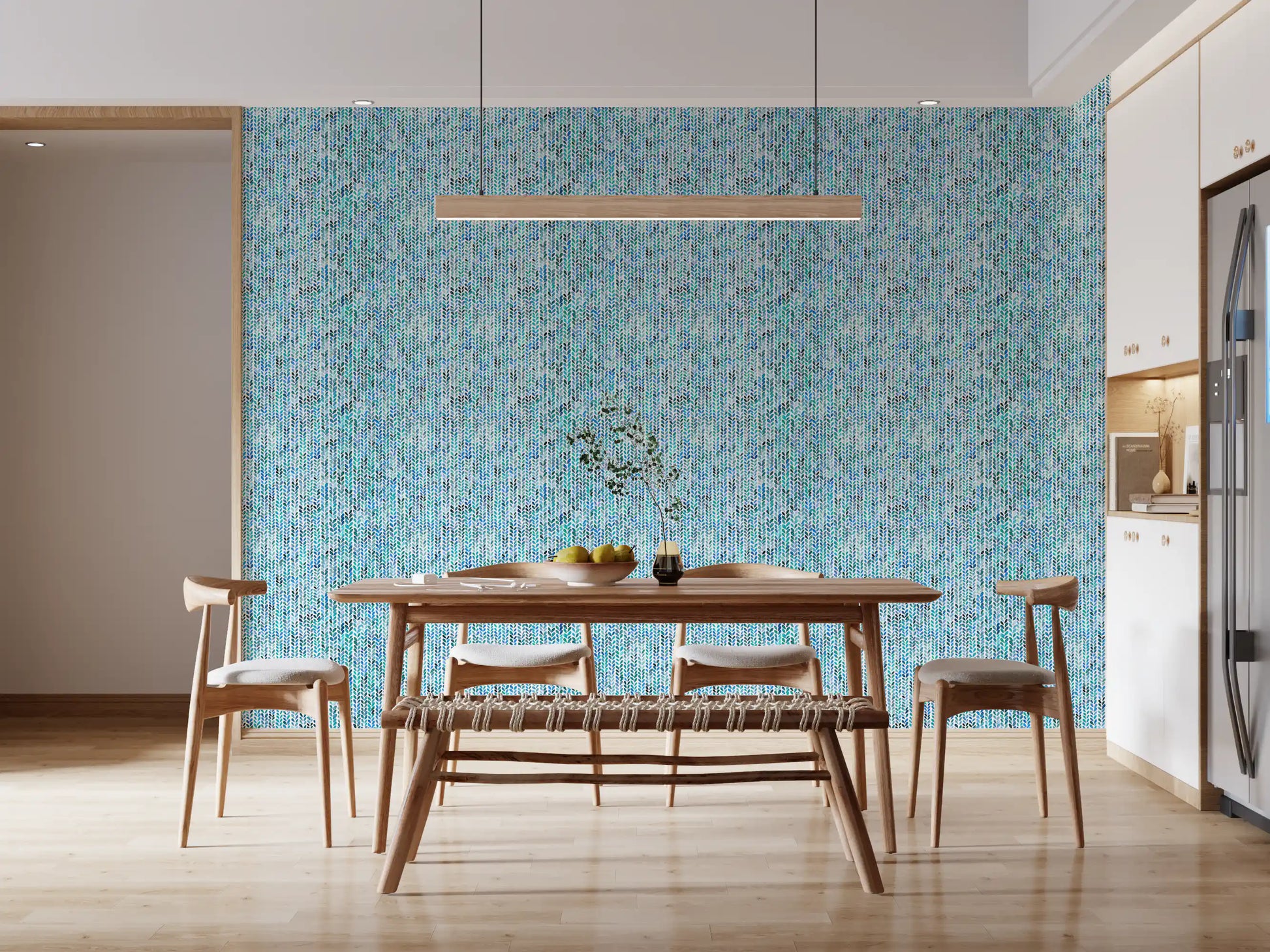 Closer view of the cool blue knit cascade wallpaper repeat pattern