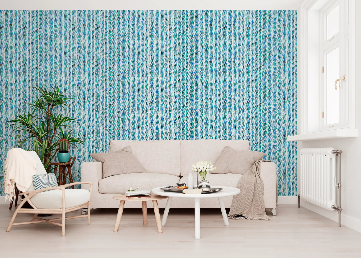 Vertical knit columns fill a calm living room finished with the cool aqua wallpaper